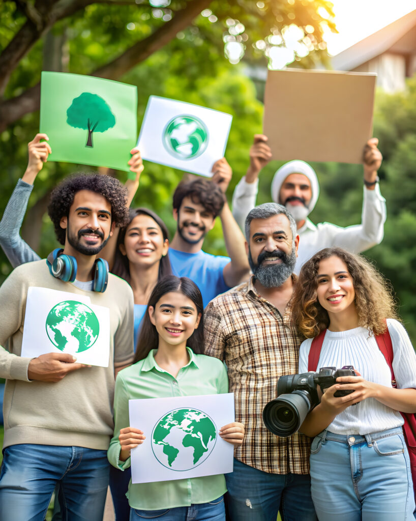 Community holding eco-friendly signs