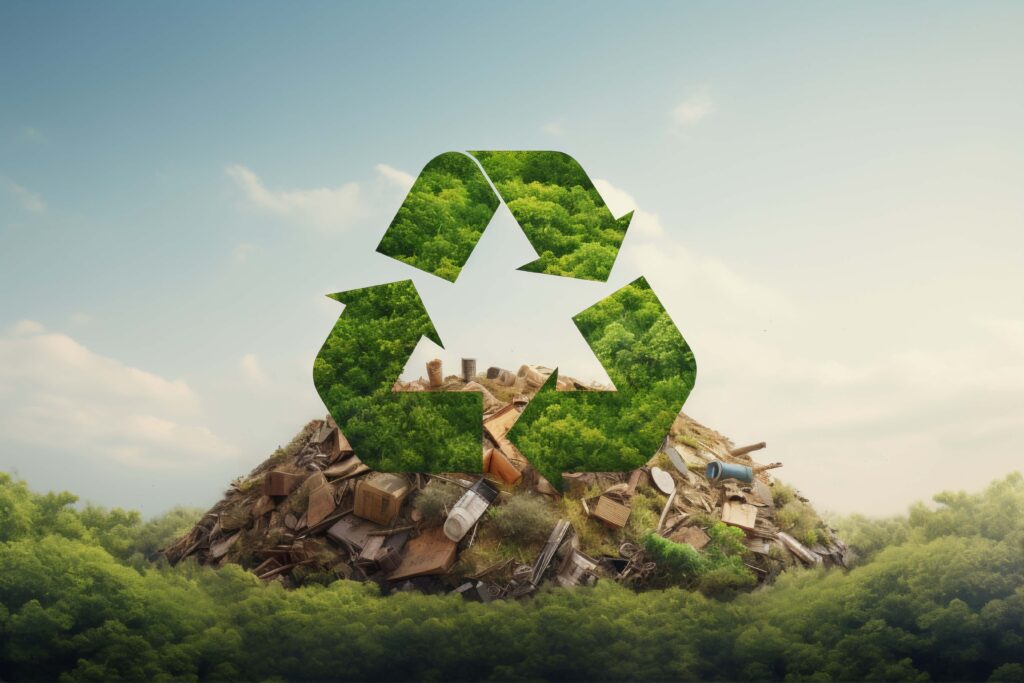 Recycling symbol over a mound of waste