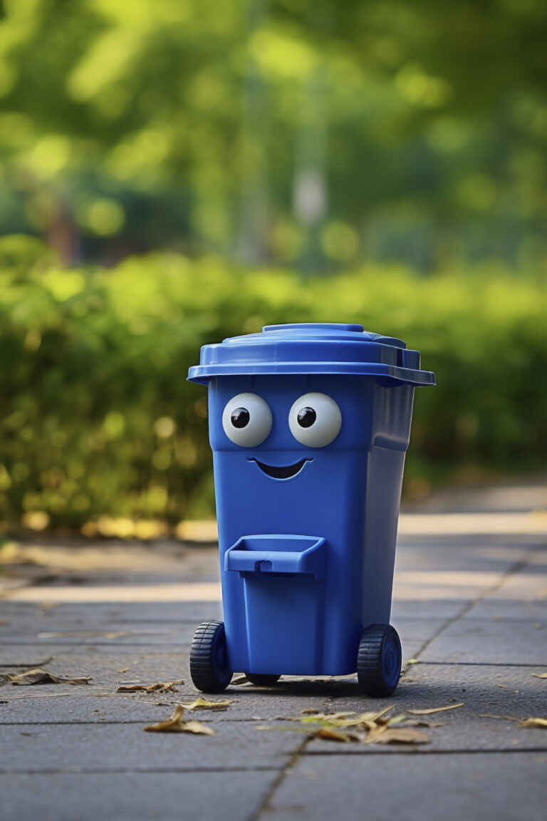 Friendly blue recycling bin mascot on a garden path